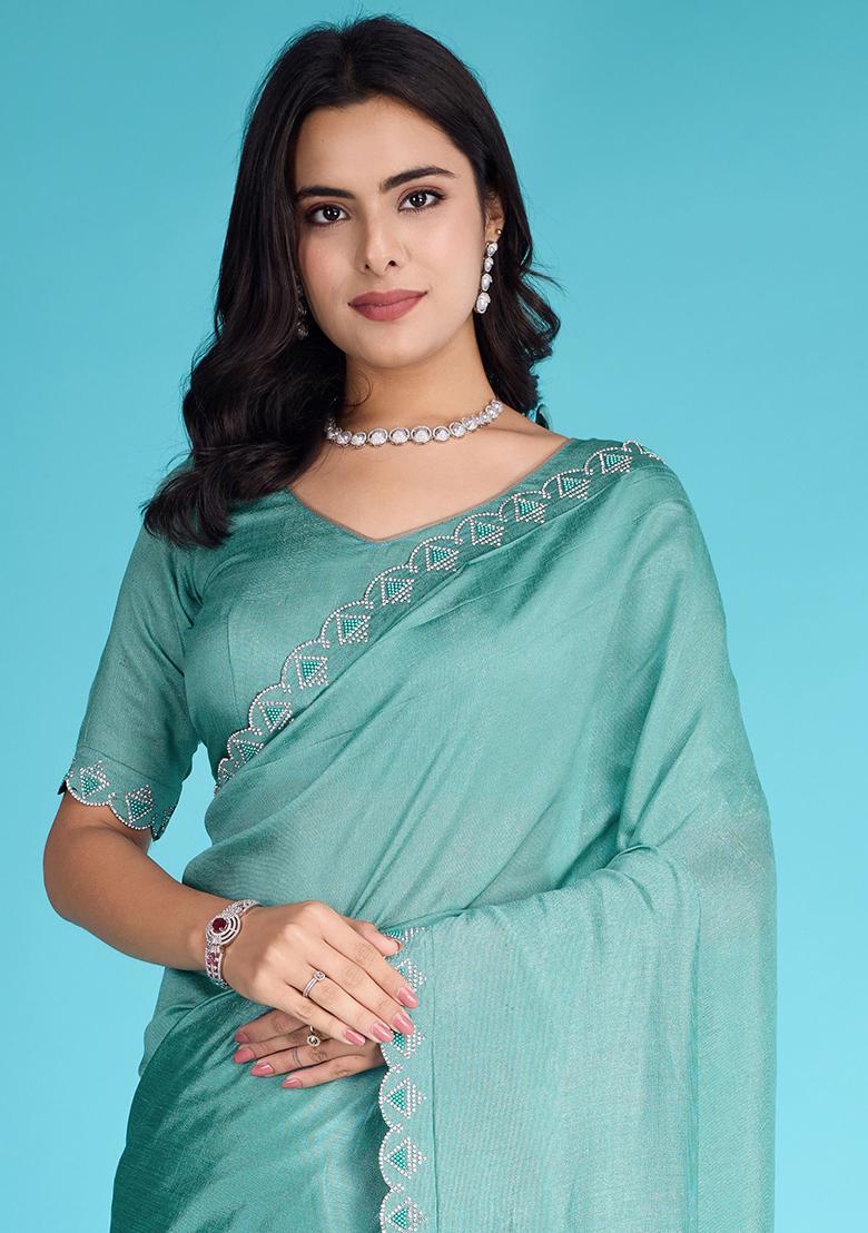 Green Embroidered Soft Burberry Saree Set With Blouse