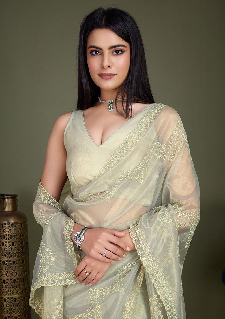 Yellow Zari Crush Tissue Silk Saree Set With Blouse