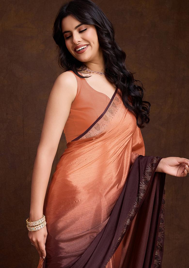 Blue Embroidered Satin Saree Set With Blouse