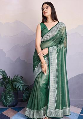 Green Zari Premium Linen Tissue Saree Set With Blouse