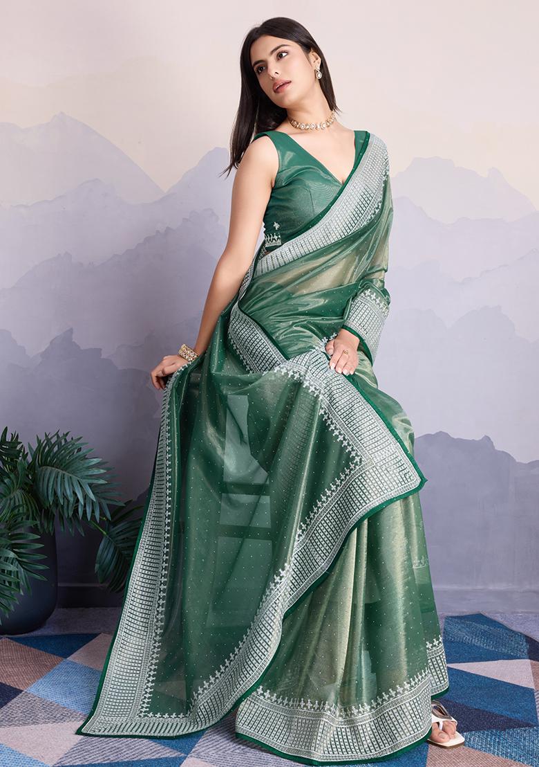Green Zari Premium Linen Tissue Saree Set With Blouse