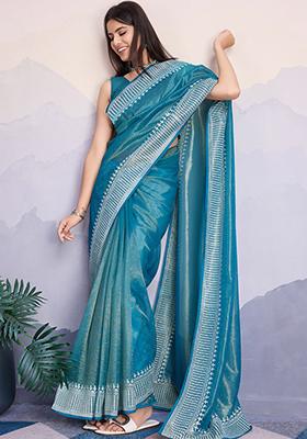 Green Zari Premium Linen Tissue Saree Set With Blouse