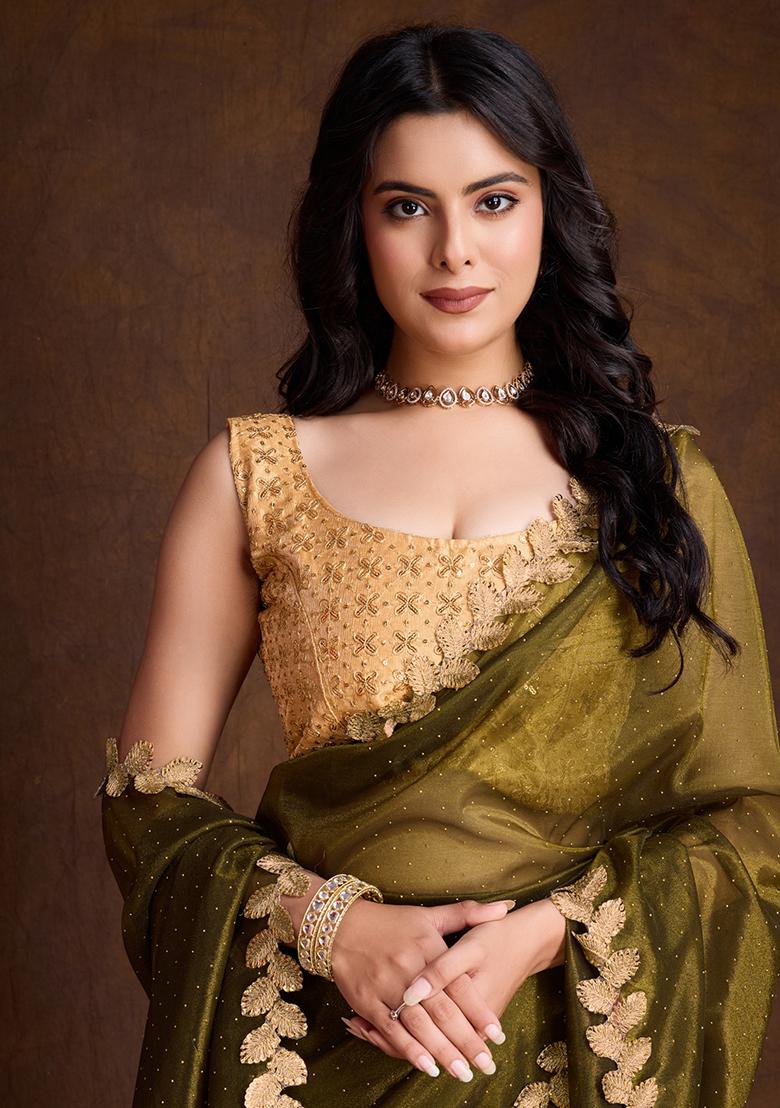 Green Zari Premium Linen Tissue Saree Set With Blouse