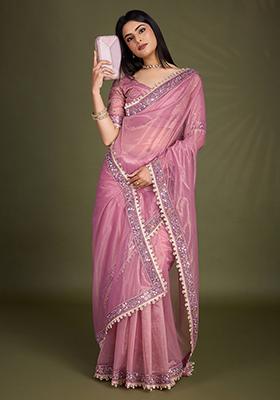 Peach Embroidered Soft Tissue Burberry Saree Set With Blouse