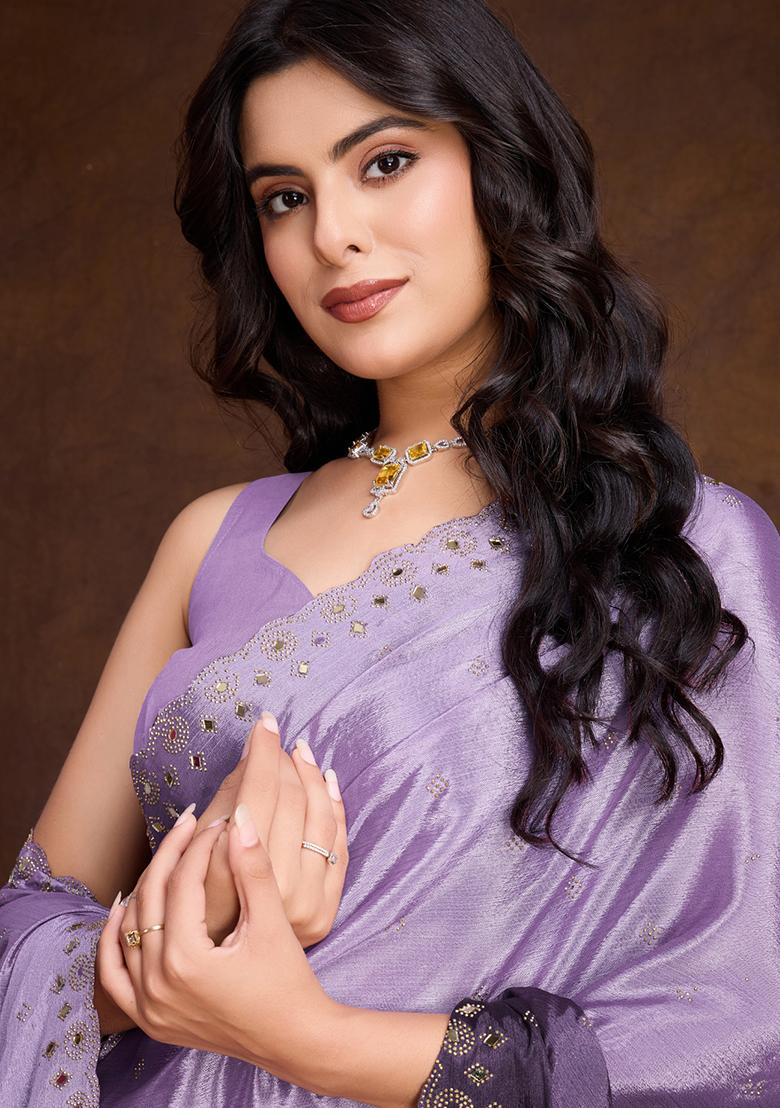 Purple Diamond Zarkan Tissue Burberry Saree Set With Blouse