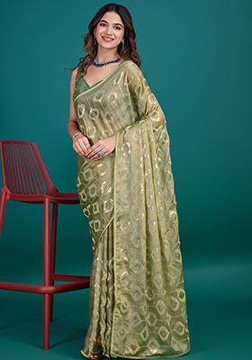 Purple Printed Satin Saree Set With Blouse