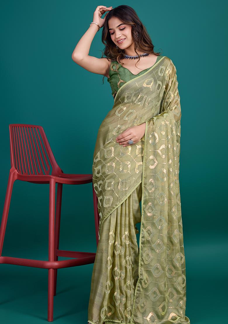 Purple Printed Satin Saree Set With Blouse