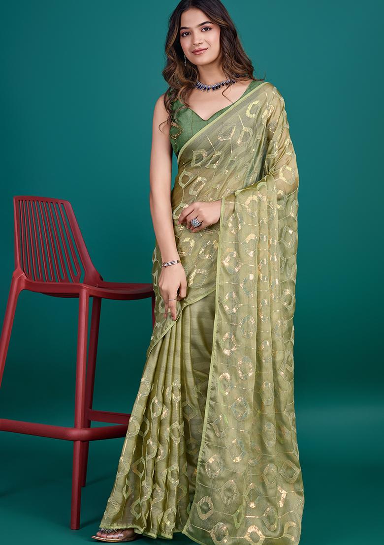 Purple Printed Satin Saree Set With Blouse