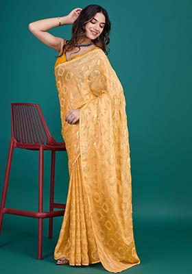 Red Printed Satin Saree Set With Blouse