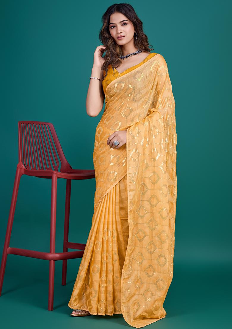 Red Printed Satin Saree Set With Blouse