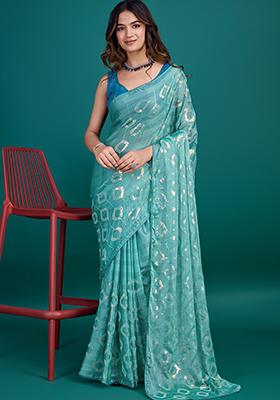 Purple Printed Satin Saree Set With Blouse