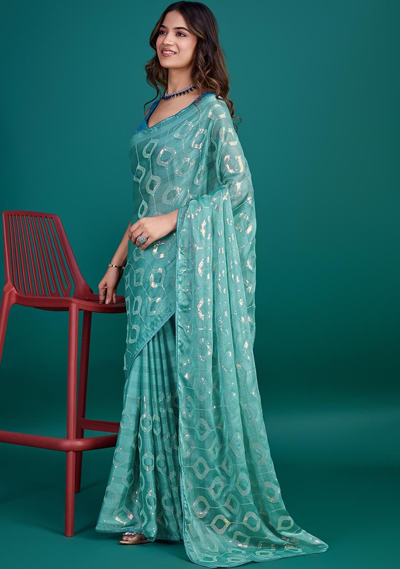 Purple Printed Satin Saree Set With Blouse