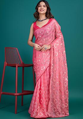 Blue Printed Satin Saree Set With Blouse