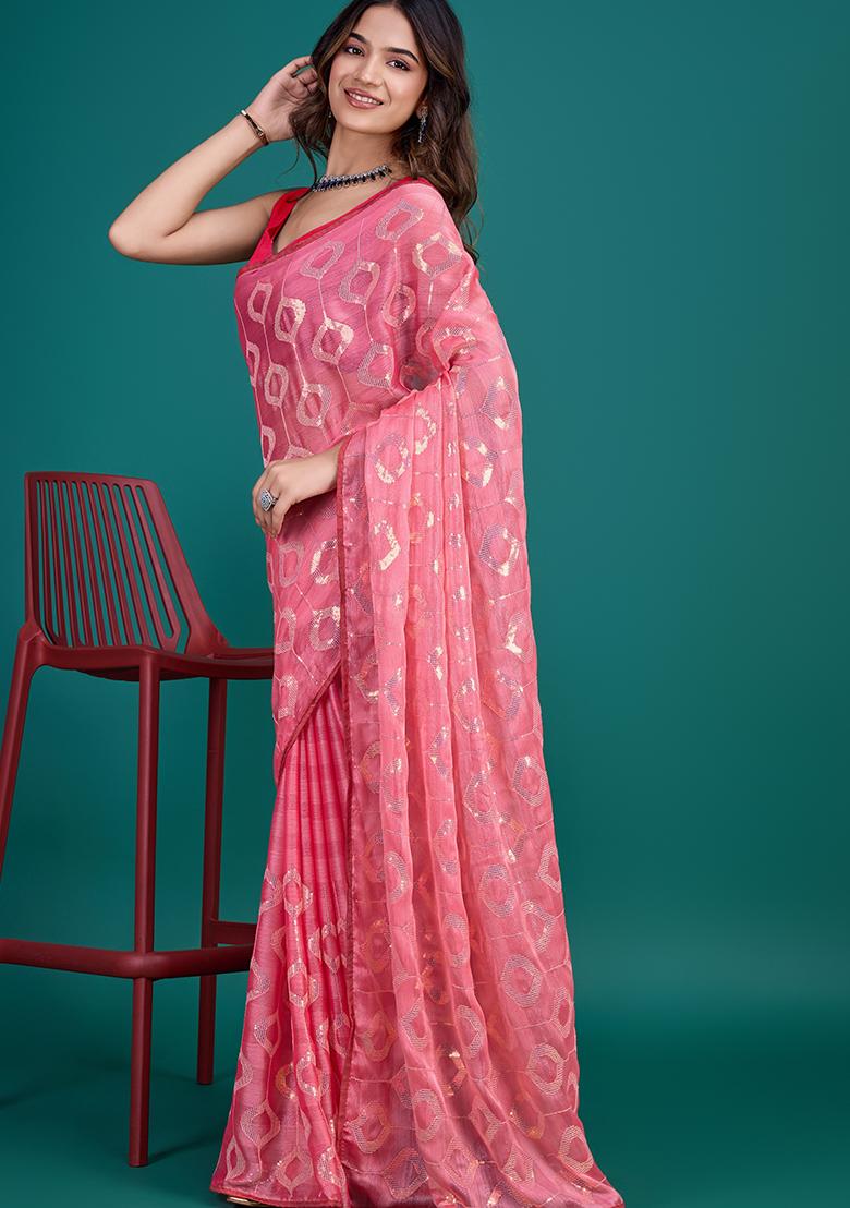 Blue Printed Satin Saree Set With Blouse