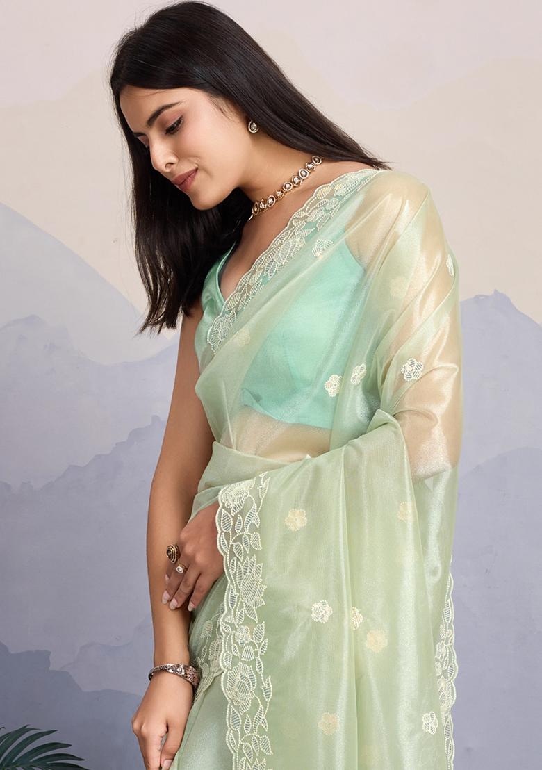 Purple Cutdana Work Tissue Linen Saree Set With Blouse