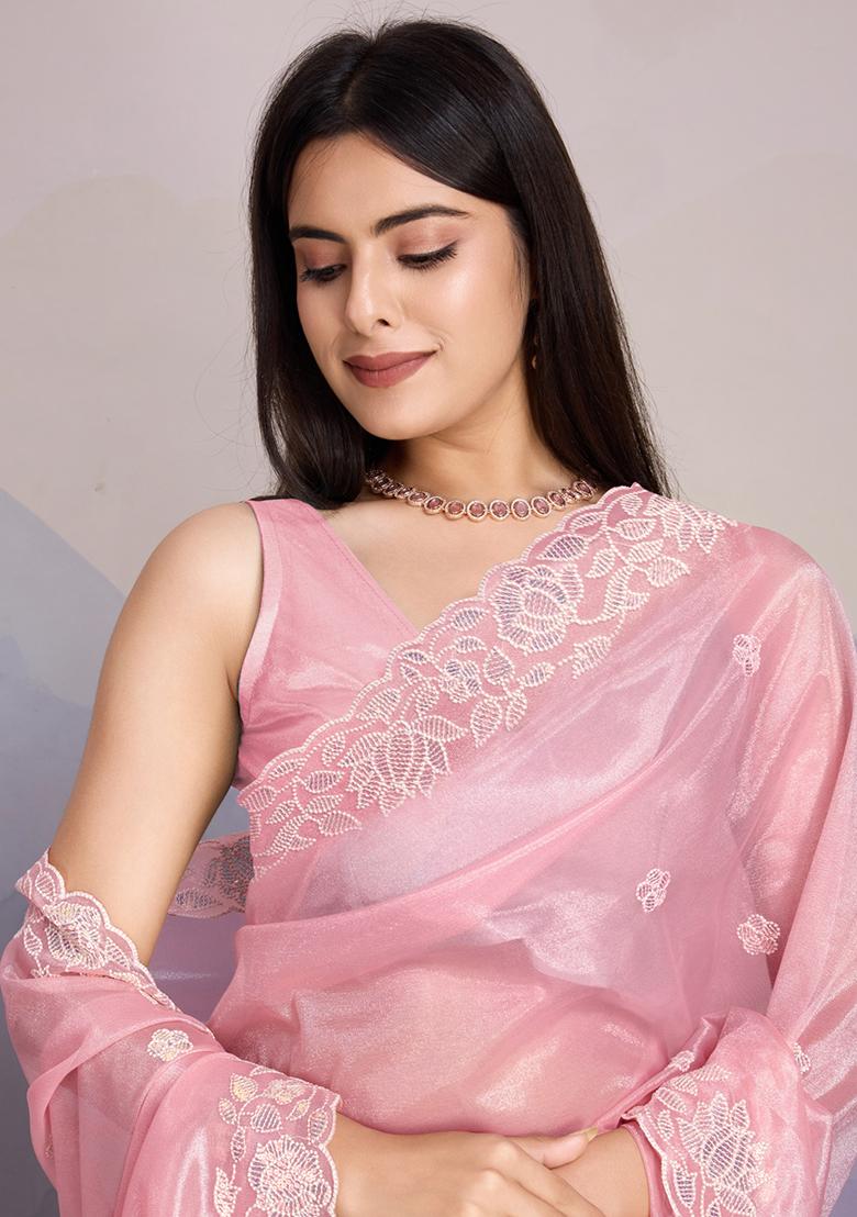 Beige Cutdana Work Tissue Linen Saree Set With Blouse