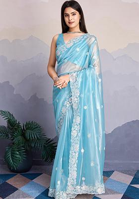 Green Cutdana Work Tissue Linen Saree Set With Blouse