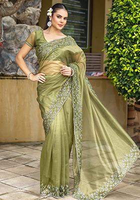 Blue Cutdana Work Tissue Linen Saree Set With Blouse