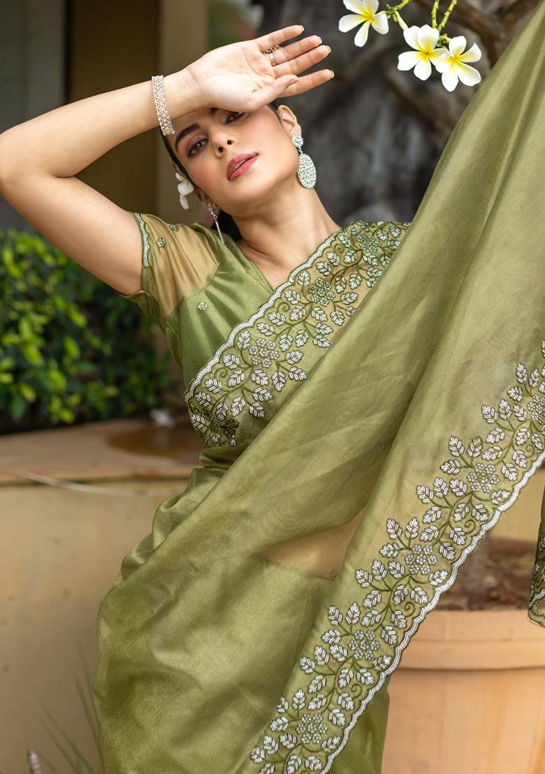 Blue Cutdana Work Tissue Linen Saree Set With Blouse