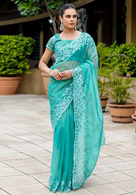 Green Diamond Zarkan Tissue Burberry Saree Set With Blouse