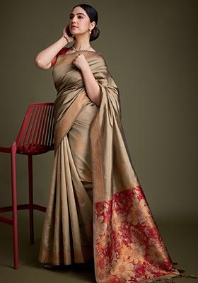 Peach Diamond Zarkan Tissue Burberry Saree Set With Blouse