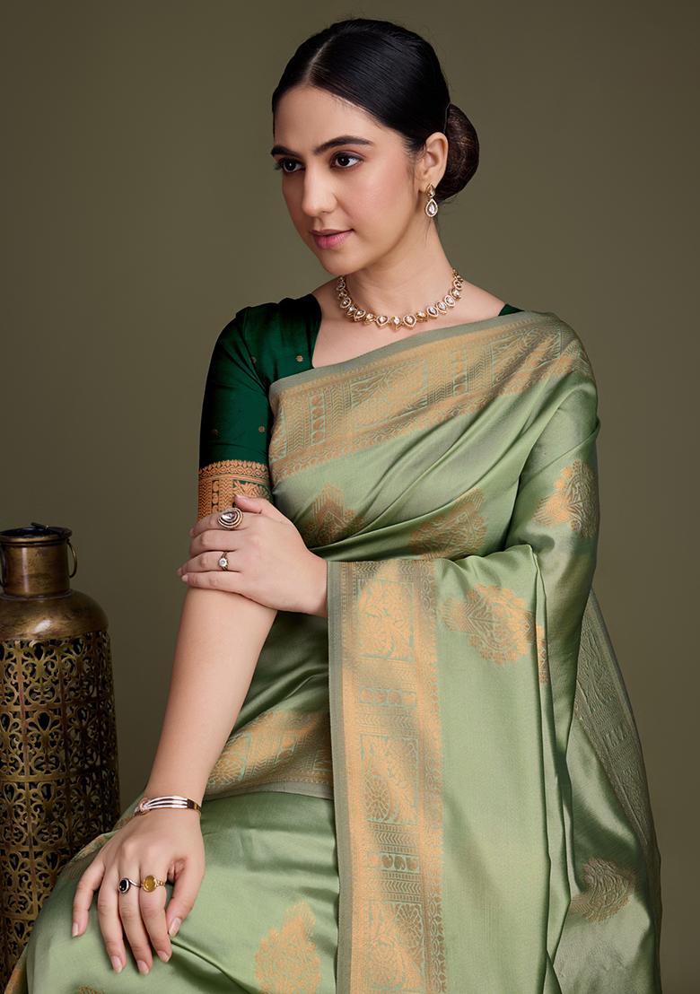 Green Embroidered Silk Saree Set With Blouse