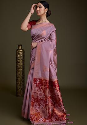 Purple Embroidered Silk Saree Set With Blouse