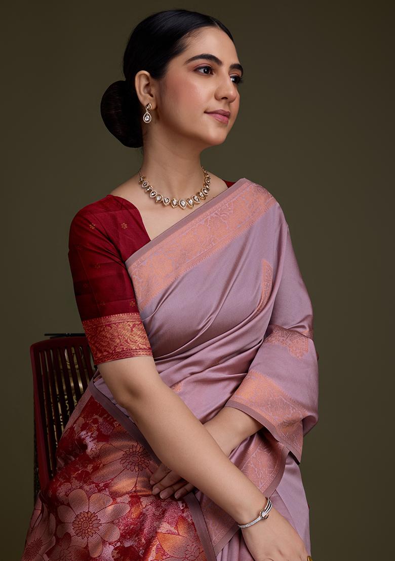 Purple Embroidered Silk Saree Set With Blouse