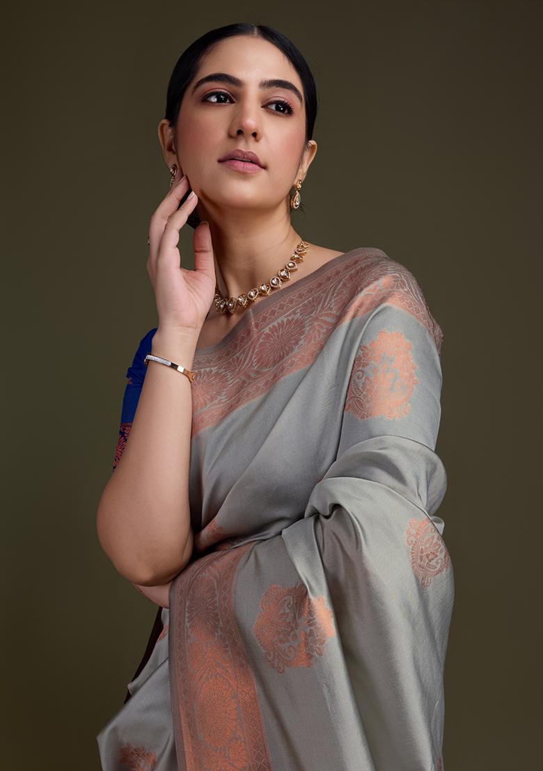 Orange Embroidered Silk Saree Set With Blouse