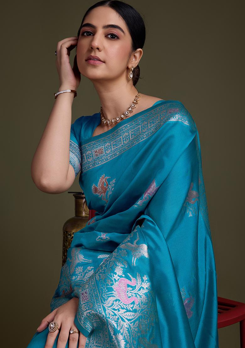 Blue Zari Soft Silk Saree Set With Blouse