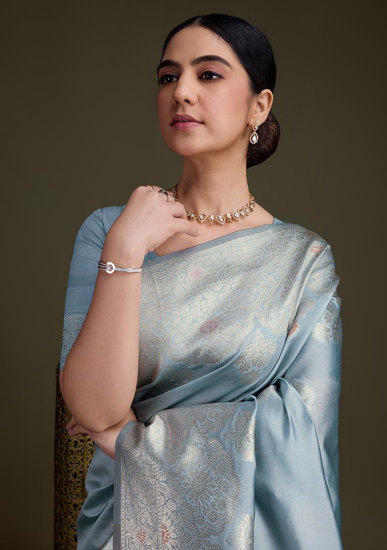 Pink Stone Work Satin Saree Set With Blouse