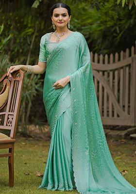 Green Stone Work Satin Saree Set With Blouse