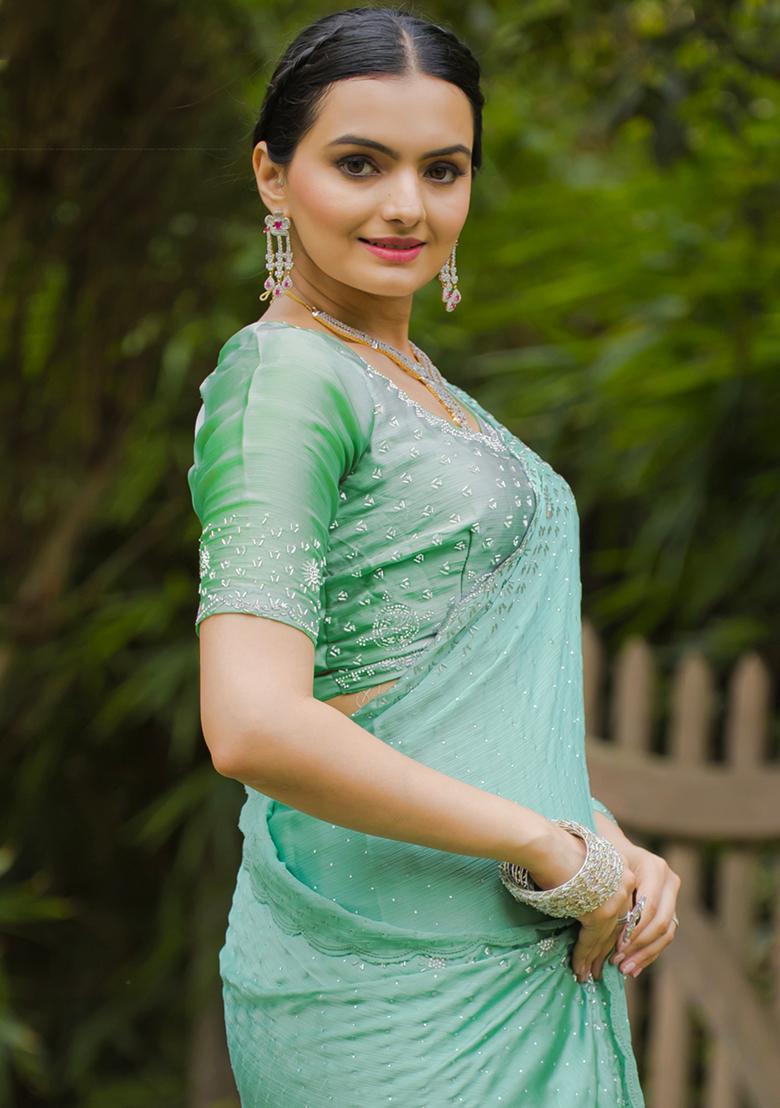 Green Stone Work Satin Saree Set With Blouse