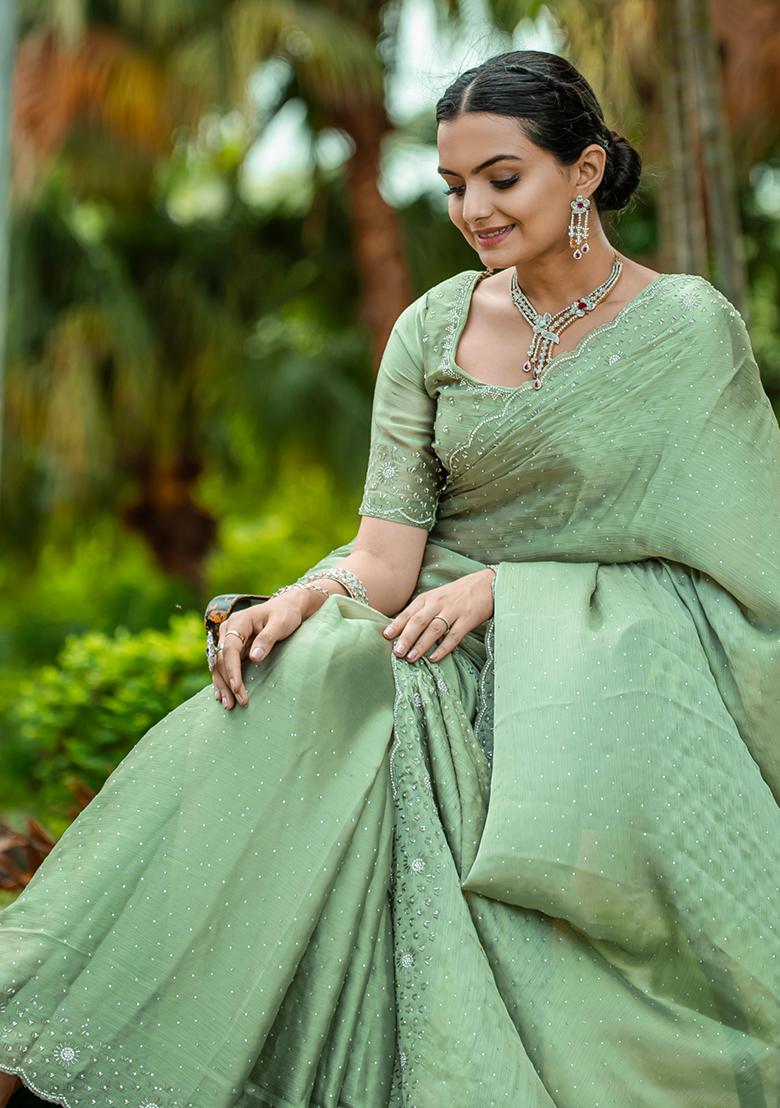 Purple Stone Work Mysore Brocade Silk Saree Set With Blouse