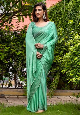 Blue Stone Work Mysore Brocade Silk Saree Set With Blouse