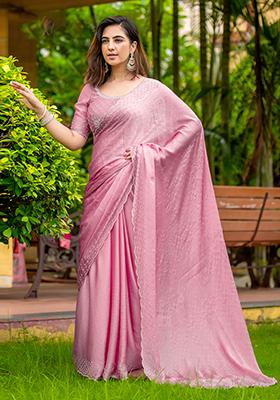 Pink Stone Work Mysore Brocade Silk Saree Set With Blouse