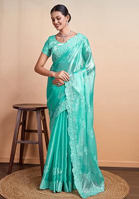 Blue Zarkan Work Velvet Chiffon Saree Set With Blouse