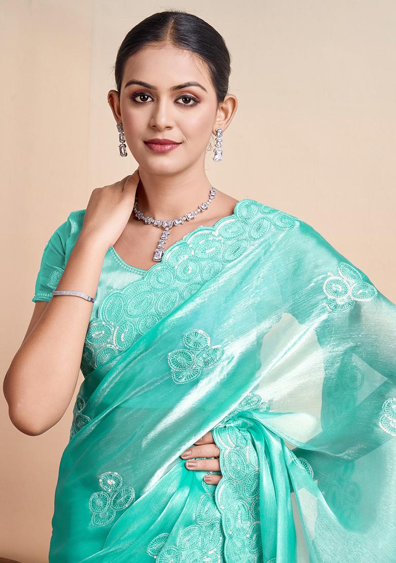Blue Zarkan Work Velvet Chiffon Saree Set With Blouse
