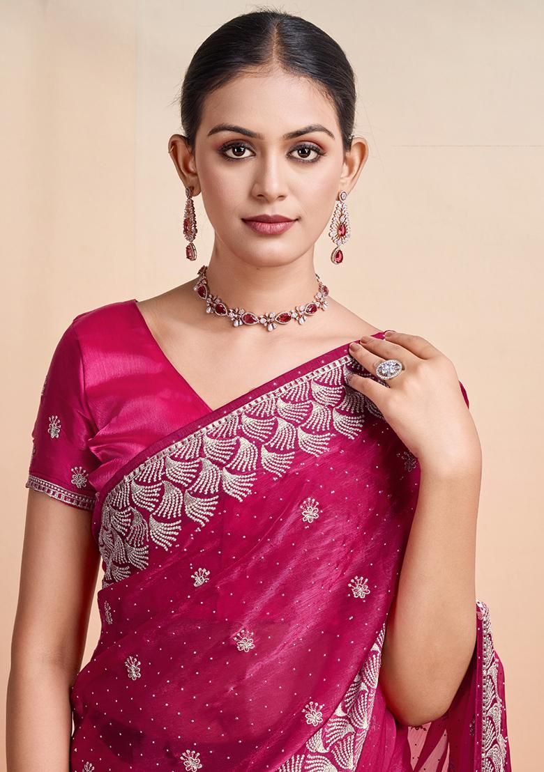 Pink Embroidered Georgette Saree Set With Blouse