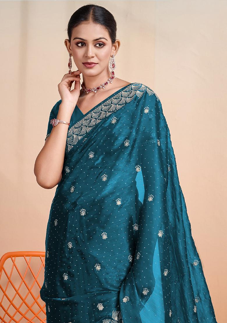 Green Embroidered Georgette Saree Set With Blouse