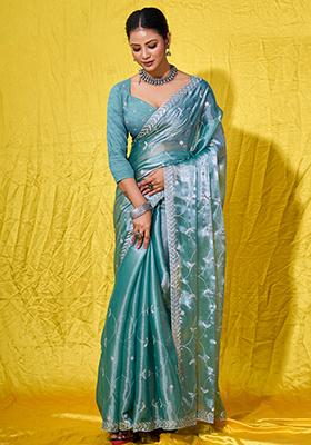 Cream Embroidered Shimmer Saree Set With Blouse