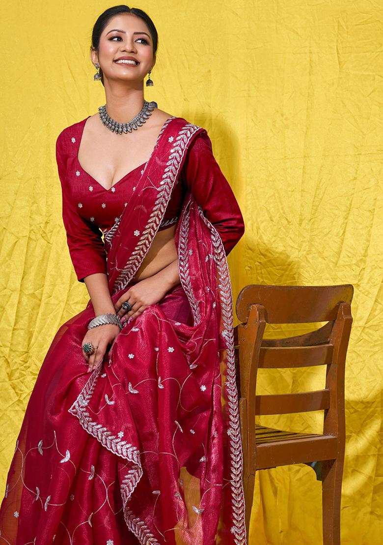 Purple Embroidered Shimmer Saree Set With Blouse