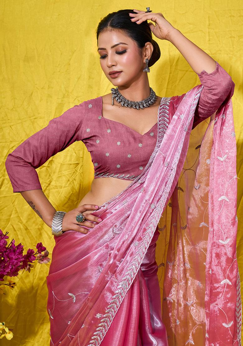 Orange Embroidered Shimmer Saree Set With Blouse