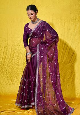Purple Embroidered Chinnon Saree Set With Blouse