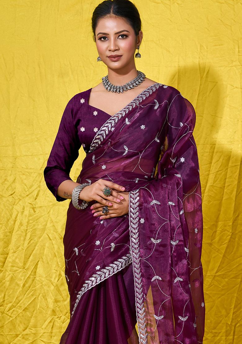 Purple Embroidered Chinnon Saree Set With Blouse