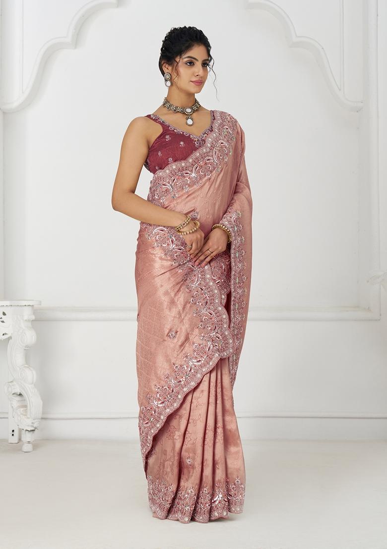 Dark Pink Sequin Work Silk Saree Set
