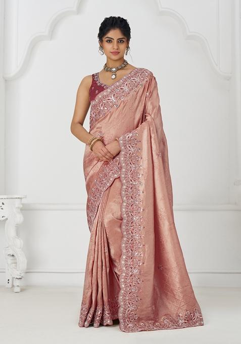 Dark Pink Sequin Work Silk Saree Set