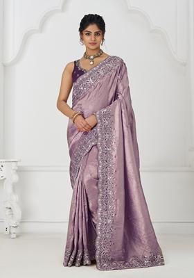 Dark Mauve Sequin Work Silk Saree Set