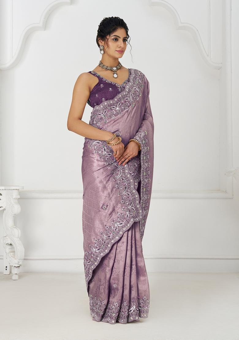 Dark Mauve Sequin Work Silk Saree Set