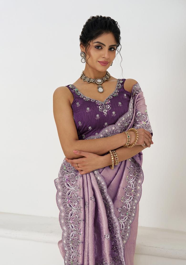 Dark Mauve Sequin Work Silk Saree Set